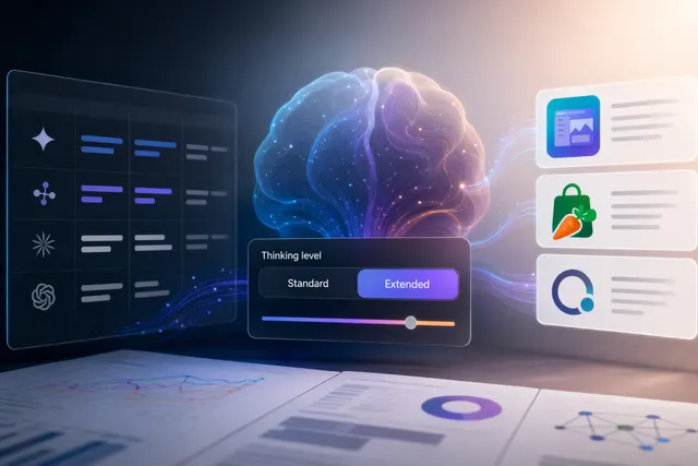 Concept illustration of the Google Gemini AI app with reasoning controls and connected apps