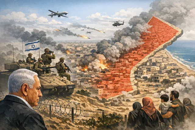 Israeli military expansion in Gaza, showing a map of the territory with areas of control highlighted in red, symbolizing the 70% seizure order amidst a stalled ceasefire.