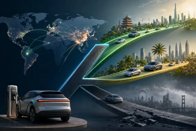 Illustration of the K-shaped global EV market showing growth in China and Europe while the U.S. lags