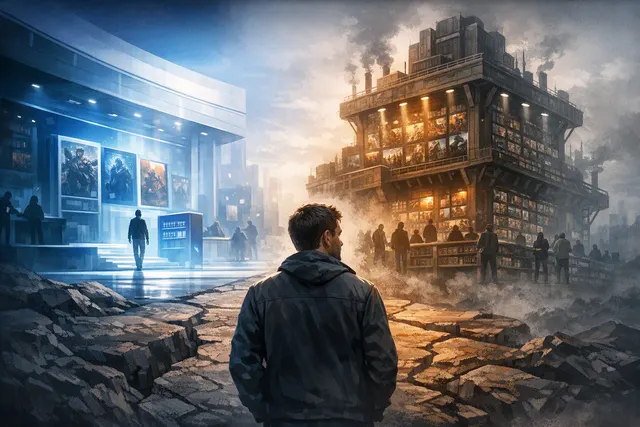 Editorial illustration of the Epic Games Store and Steam competing for PC gamers