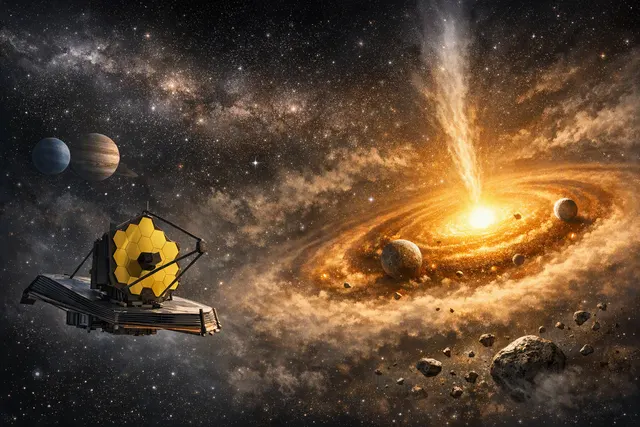 Artist’s illustration of a young Sun-like star surrounded by a planet-forming disk with jets and winds carrying gas into space