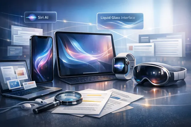 Conceptual digital illustration of the iOS 27 user interface featuring Siri AI chatbot conversation, Liquid Glass translucent design, and grid of app icons on an iPhone.