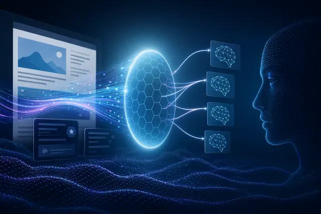 Concept illustration of AI agents analyzing web content and generating answers while brand visibility metrics appear on dashboards