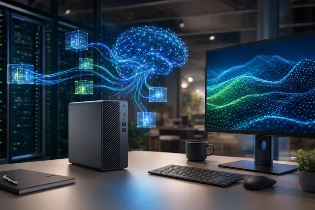 Illustration of an enterprise workstation running autonomous AI agents locally as part of Dell’s Deskside Agentic AI platform