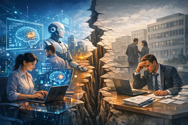 Business professionals collaborating and analyzing data on a futuristic screen, representing the gap between AI adoption and value capture in the modern workplace.