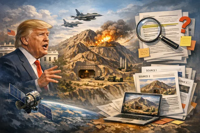 AI-generated visual of a fortified mountain nuclear facility with military strike imagery, representing Iran's Pickaxe Mountain complex near Natanz