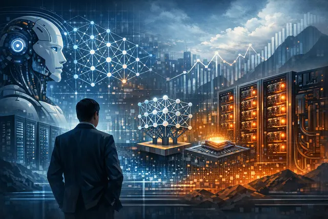 Abstract editorial illustration of Tencent’s artificial-intelligence infrastructure and Hunyuan model catch-up strategy