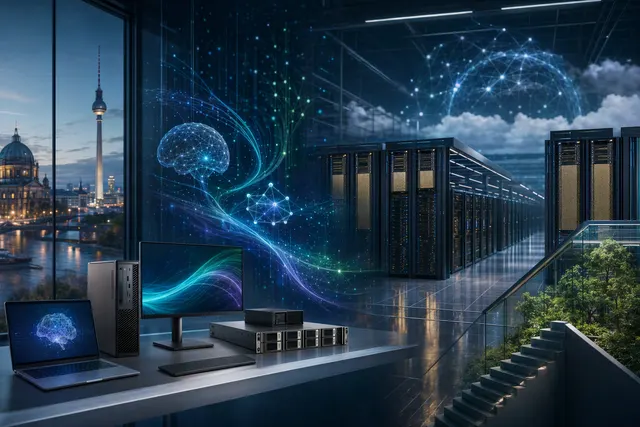 Illustration of enterprise AI infrastructure connecting developer workstations, servers and a data center