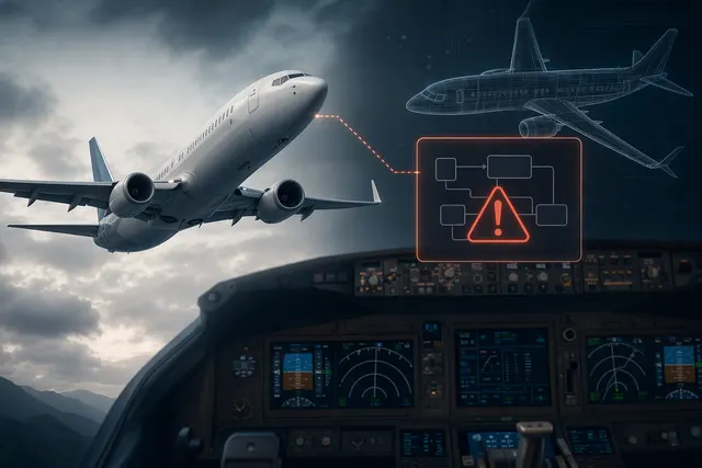 Illustration representing a Boeing 737 MAX during an approach, with flight-guidance software and cockpit navigation elements
