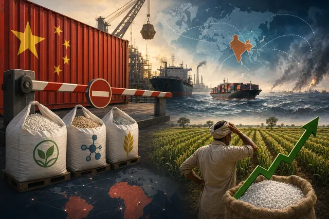 Illustration of fertilizer sacks, grain reserves, and trade routes connecting China and India