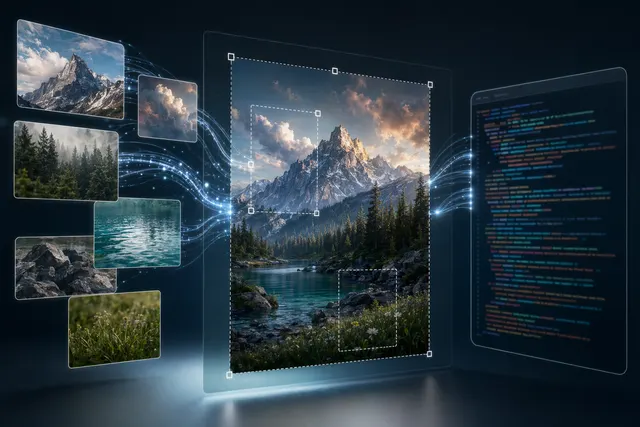 Abstract AI editing workspace showing multiple image inputs flowing into one edited result
