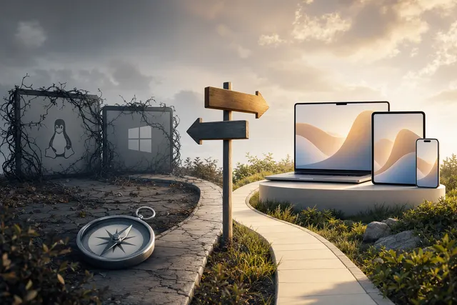 Editorial illustration accompanying the end of Kagi Orion development for Linux and Windows
