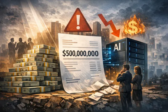Conceptual image of a corporate office window with a glowing red 'OVER BUDGET' warning sign, representing the backlash against unchecked AI spending in corporate America.