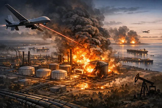 Aerial view of a damaged oil refinery with smoke and fire, symbolizing the impact of Ukrainian drone strikes on Russia's energy infrastructure in 2026.