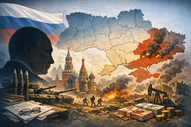 Illustration of Vladimir Putin and the Russia-Ukraine war amid military escalation and European security risks