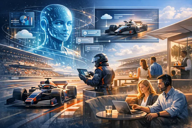 AI-generated visual representation of Salesforce's partnership with VCARB Formula 1 team, featuring the Agentforce 360 AI platform and Salesforce Intelligence Centre concept.