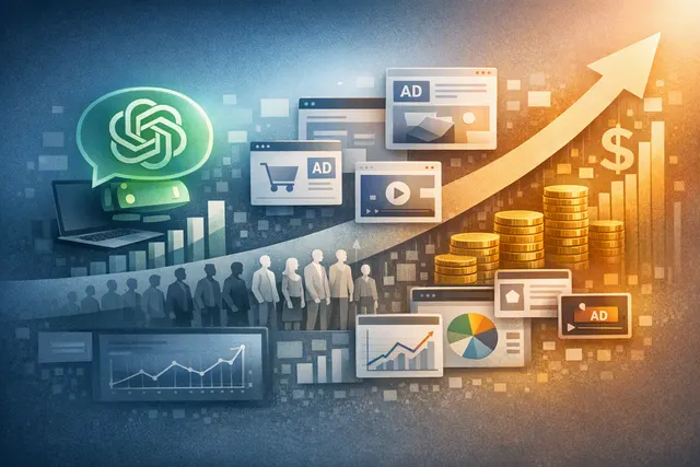 OpenAI ChatGPT advertising platform growth metrics with a chart showing advertiser count rising from 600 to over 5,000 in six months