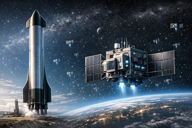 A massive, futuristic satellite data center with extended solar panels orbiting Earth, processing glowing AI data streams against the blackness of space.