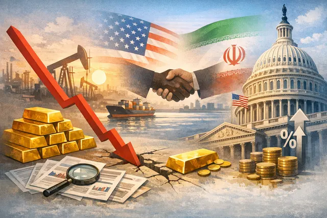 Gold bars and coins arranged on a dark surface with a financial chart showing a steep decline in the background, representing gold's 28% drop from its all-time high in 2026.