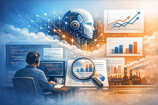 Split illustration of a developer's face half-human and half-circuit, with a speedometer showing conflicting perception and reality arrows for AI coding productivity