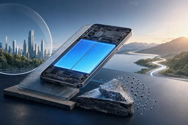 Editorial illustration of a modern smartphone and high-capacity battery technology