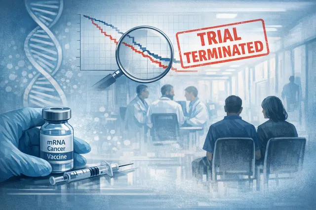Editorial illustration of an individualized mRNA cancer vaccine trial being halted after a clinical data review