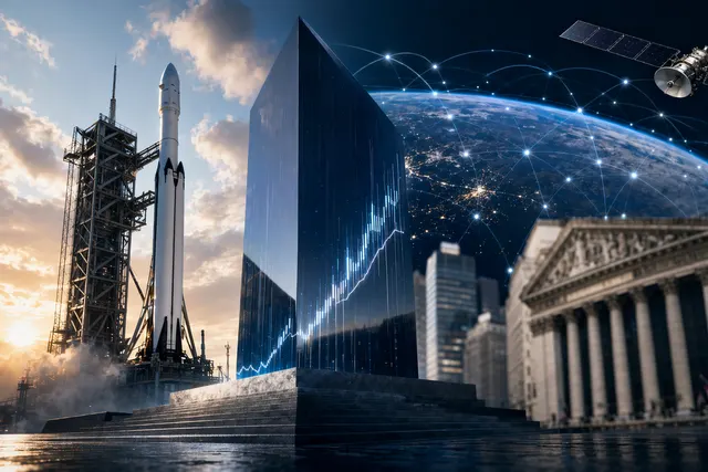 Illustration of SpaceX rockets and satellites representing the company’s planned trillion‑dollar IPO