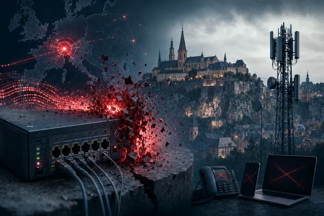 Illustration of a cyberattack disrupting telecom infrastructure and routers