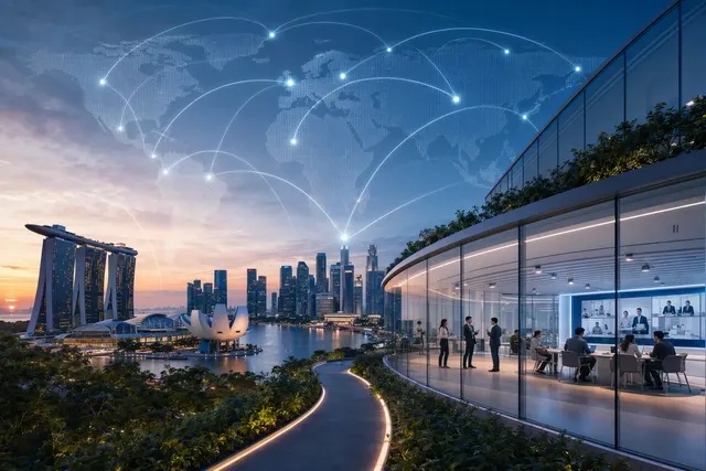 AI-generated editorial illustration representing Yealink’s Singapore operational headquarters and global collaboration strategy