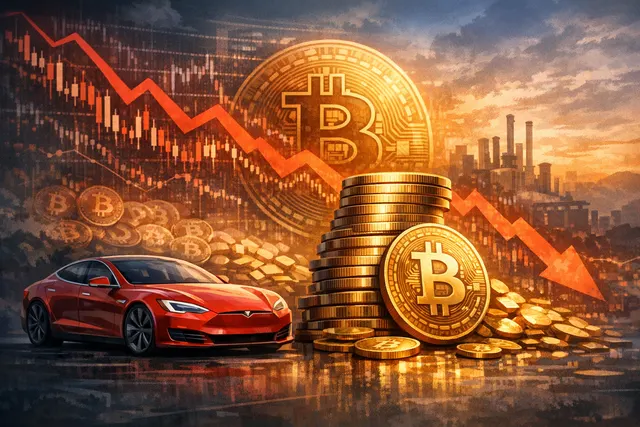 A visual representation of Tesla's Bitcoin holdings losing value, depicted with a descending graph overlay on Bitcoin and Tesla logos against a dark financial background.