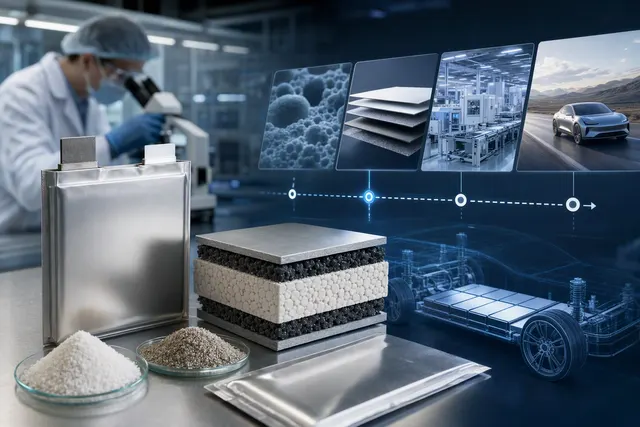 Illustration of an advanced all-solid-state electric vehicle battery cell and manufacturing environment