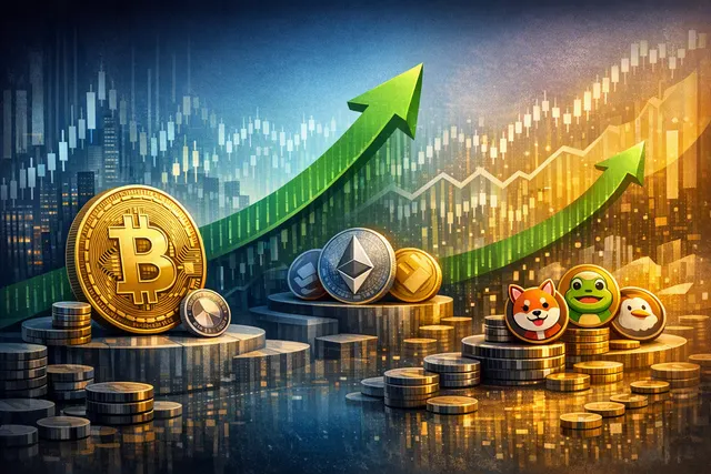 Illustration of Bitcoin and rising dog- and cat-themed cryptocurrency tokens during a market rally