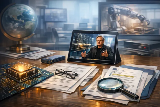 Nvidia CEO Jensen Huang speaking at a podium with AI and chip imagery in the background