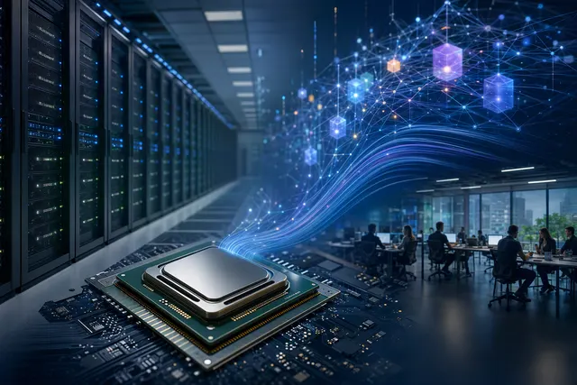 Illustration representing AI agents running on server infrastructure with CPUs and GPUs