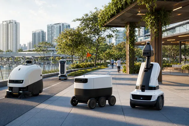 Concept illustration of autonomous robots operating in Singapore’s Punggol Digital District smart city environment