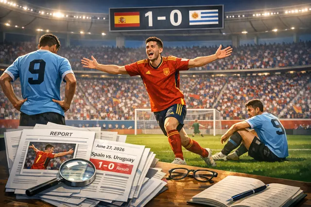 Spain vs Uruguay 2026 World Cup Group H match: Álex Baena scoring the winning goal past Fernando Muslera at Estadio Akron in Guadalajara