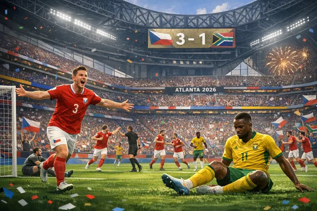 AI-generated illustration of a World Cup group stage match between Czechia and South Africa with a penalty kick scene.