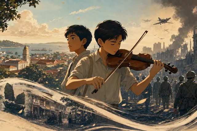 AI-generated editorial illustration accompanying an article about The Violinist and its wartime Singapore setting