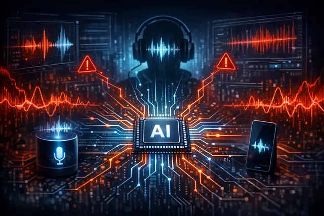 Abstract visualization of imperceptible sound waves hijacking an AI voice assistant, with audio waveforms intersecting a smart speaker icon