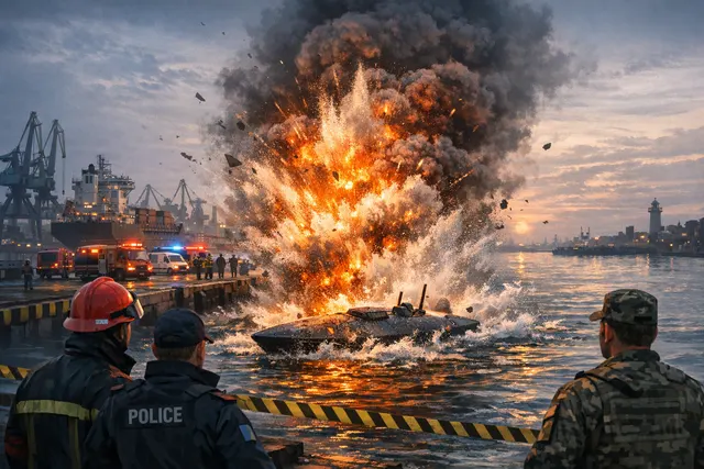 Smoke rising from an industrial area at Constanța port following the maritime drone self-detonation on June 5, 2026.