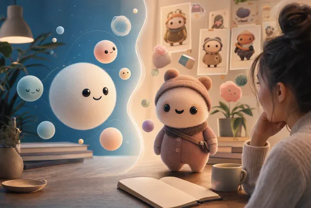 Editorial illustration of cute, customizable characters representing AI assistants