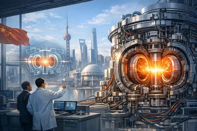 AI-generated illustration of China’s HL-4 high-field tokamak and superconducting fusion magnets