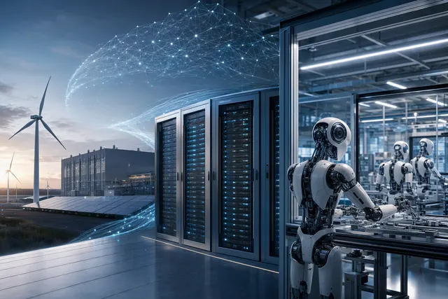 Editorial illustration of AI cloud infrastructure and humanoid robotics