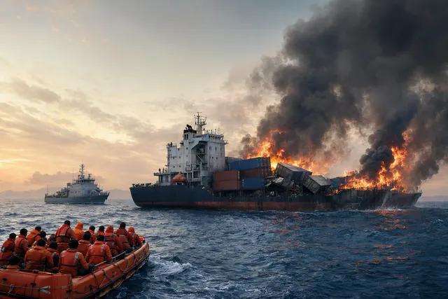 AI-generated editorial illustration of a container ship in the Strait of Hormuz, not a documentary image of the GFS Pride