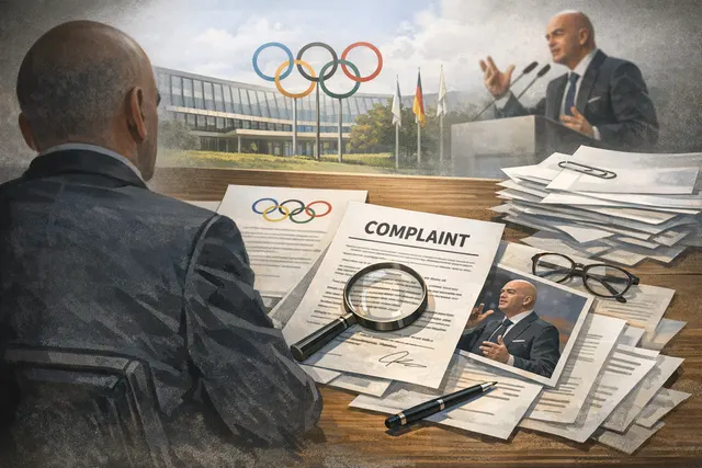 Gianni Infantino, FIFA president, at a press event with Olympic rings and soccer imagery