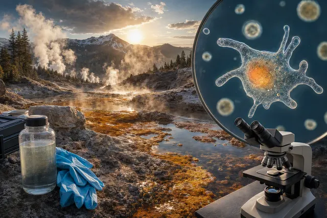 Editorial illustration of Incendiamoeba cascadensis, the fire amoeba, in a geothermal hot-spring setting