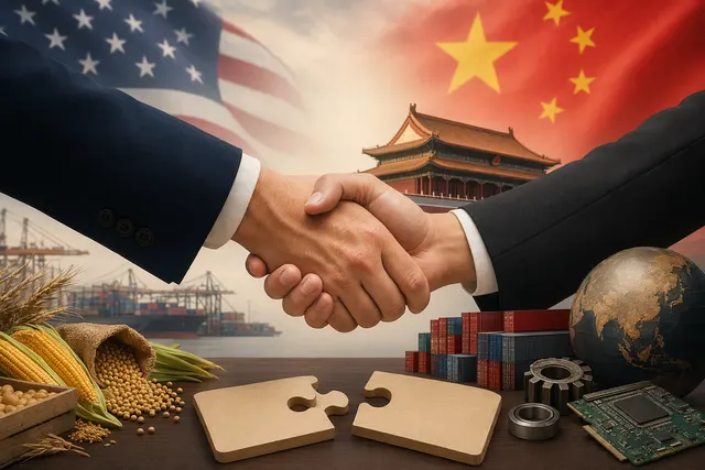 Editorial illustration representing the Trump–Xi Beijing summit and U.S.–China trade talks