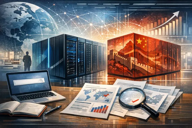 Abstract illustration of a supercomputer cluster with data streams and circuit board patterns, representing the TOP500 rankings and China's LineShine system breaking the 2-exaflop