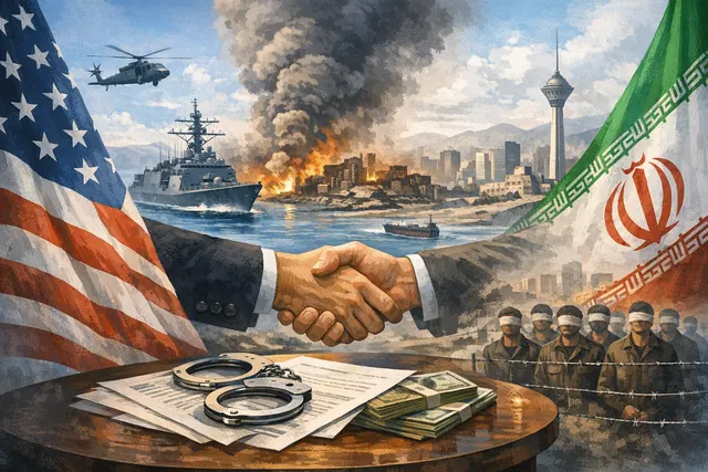 Illustration of a handshake over a map of the Strait of Hormuz with the US and Iranian flags, symbolizing the ceasefire deal
