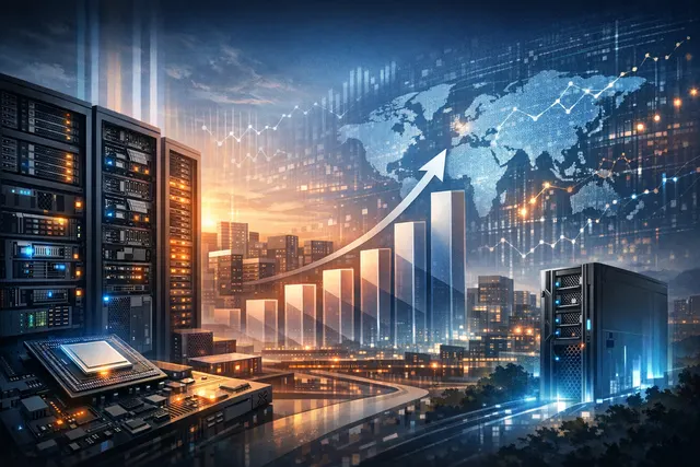 A futuristic data center with glowing AI server racks, visualizing the $1.24 trillion market projection and the global AI infrastructure supercycle